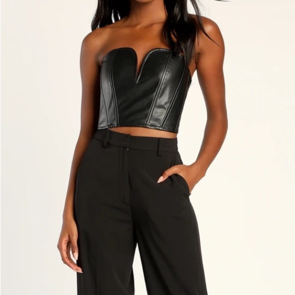 Black Vegan Leather Strapless Bustier Crop Top